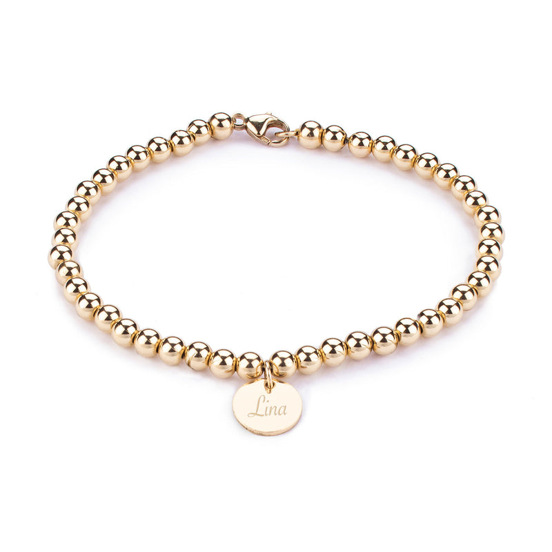 Personalisiertes Kugelarmband aus Gold Filled mit Plättchen Anhänger und persönlicher und individueller Gravur