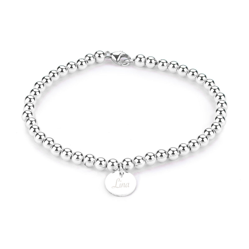Personalisiertes Kugelarmband aus 925er Sterling Silber mit Plättchen Anhänger und persönlicher und individueller Gravur