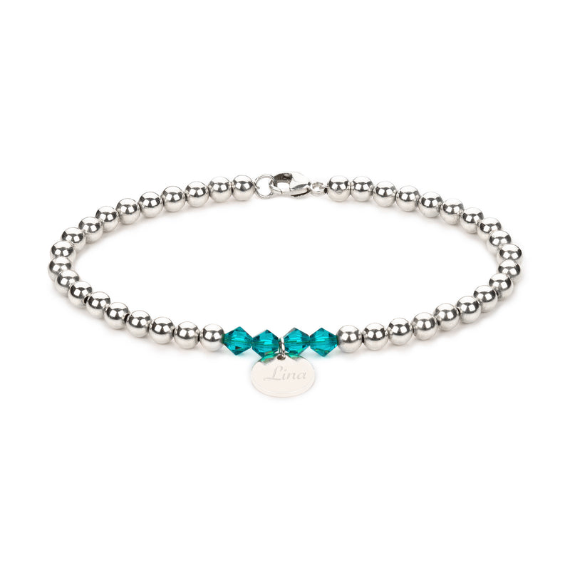 Kugelarmband mit Swarovski Geburtssteinen aus 925er Sterling Silber mit Plättchen Anhänger und persönlicher Gravur