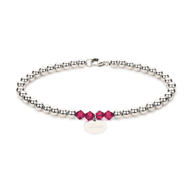 Kugelarmband mit Swarovski Geburtssteinen aus 925er Sterling Silber mit Plättchen Anhänger und persönlicher Gravur
