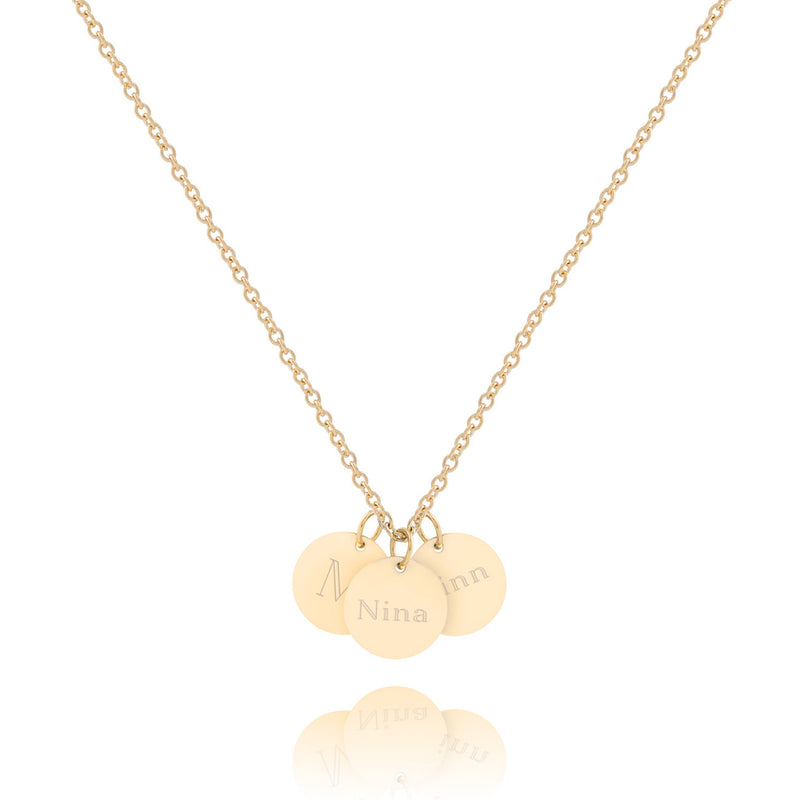 Personalisierte Kette mit 3 runden Plättchen Anhängern und individueller Gravur in gold, gravierbar mit Namen, Datum oder Symbolen