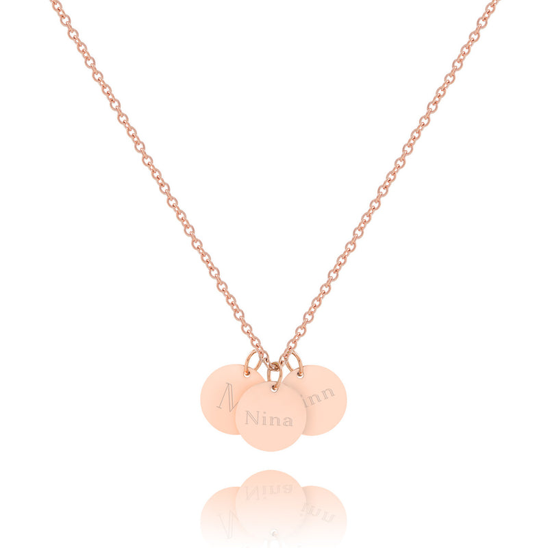 Personalisierte Kette mit 3 runden Plättchen Anhängern und individueller Gravur in rosegold., gravierbar mit Namen, Datum oder Symbolen