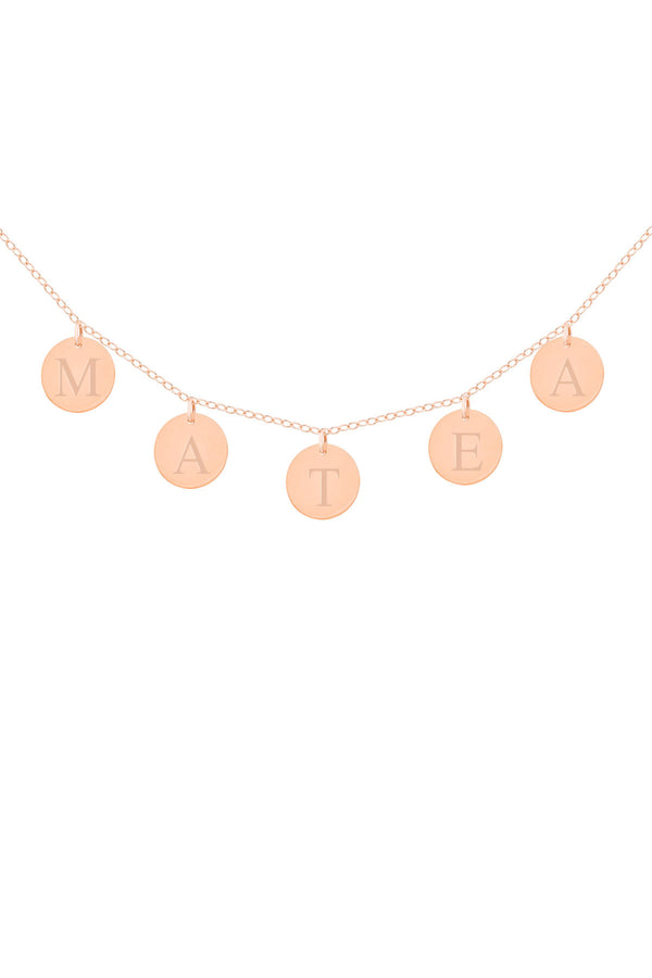 Personalisierte Familien-Kette mit 5 runden Plättchen Anhängern aus Rosegold Filled und individueller Gravur mit Namen, Buchstaben, Daten oder Symbolen