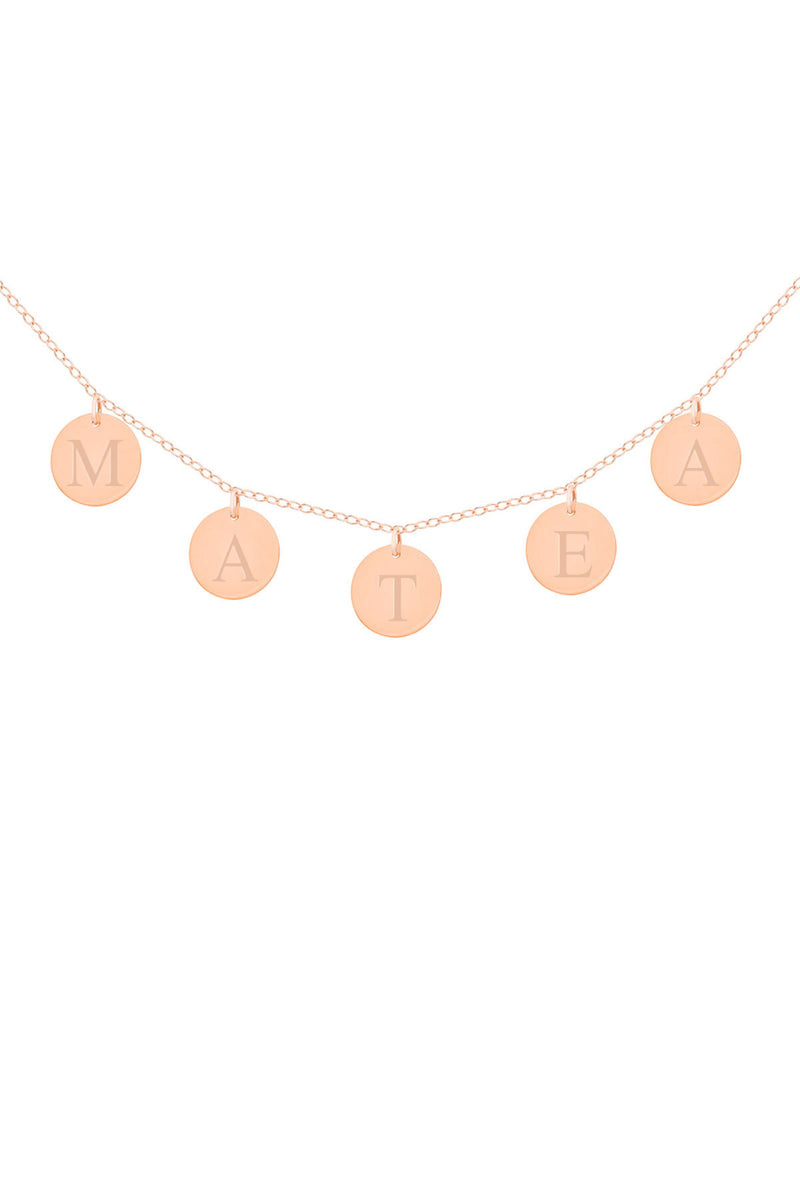 Personalisierte Familien-Kette mit 5 runden Plättchen Anhängern aus Rosegold Filled und individueller Gravur mit Namen, Buchstaben, Daten oder Symbolen