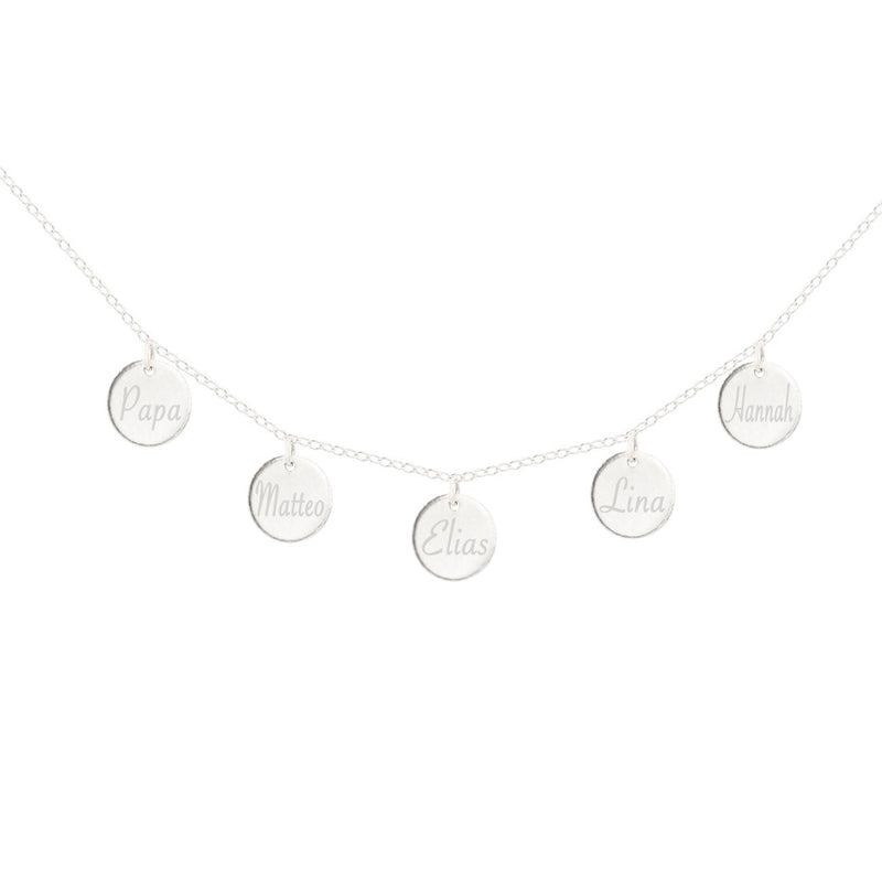 Personalisierte Familien-Kette mit 5 runden Plättchen Anhängern aus Sterling Silber und individueller Gravur mit Namen, Buchstaben, Daten oder Symbolen
