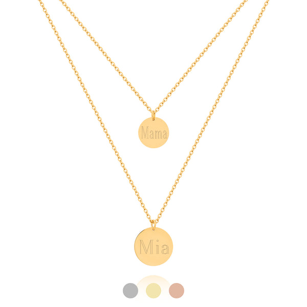 Goldene personalisierte Layering Kette, doppellagig mit 2 Plättchen Anhänger und persönlicher Gravur mit Namen, Datum oder Symbol