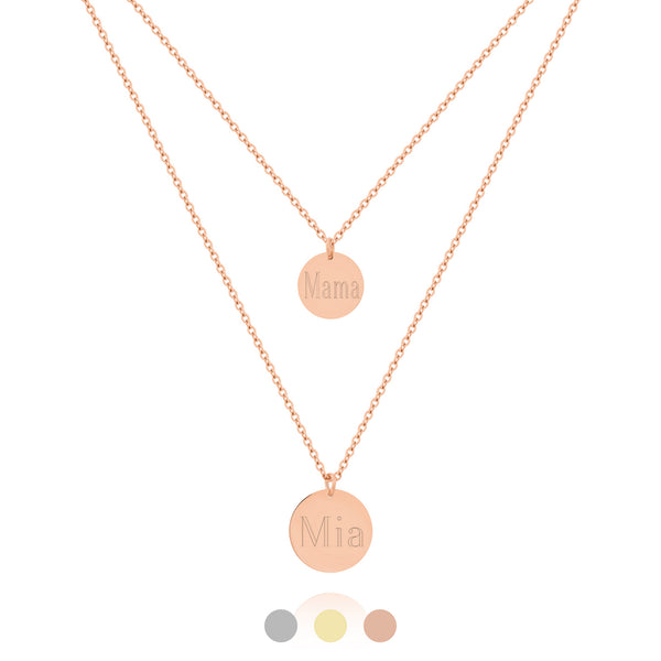 Personalisierte rosegoldene Layering Kette, doppellagig mit 2 Plättchen Anhänger und persönlicher Gravur mit Namen, Datum oder Symbol