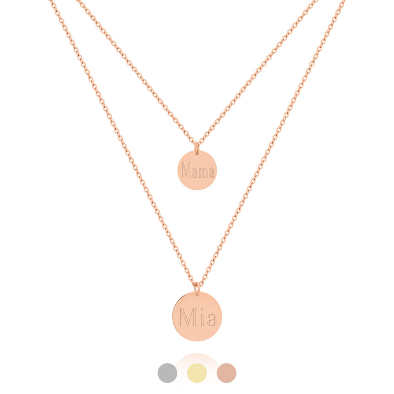 Personalisierte rosegoldene Layering Kette, doppellagig mit 2 Plättchen Anhänger und persönlicher Gravur mit Namen, Datum oder Symbol
