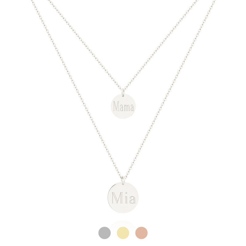 Personalisierte silberne Layering Kette, doppellagig mit 2 Plättchen Anhänger und persönlicher Gravur mit Namen, Datum oder Symbol