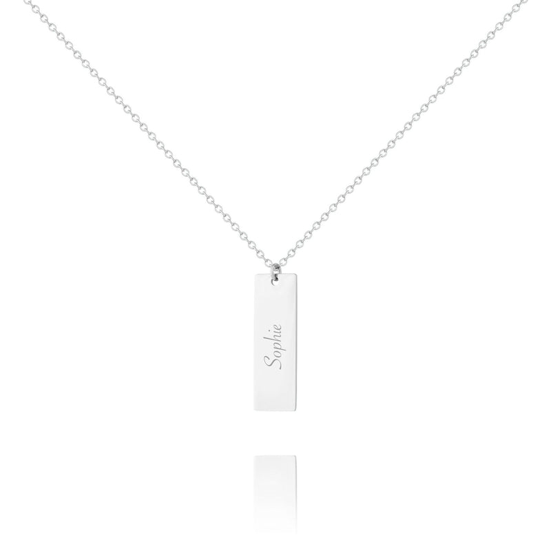 Personalisierte silberne Kette mit rechteckigem Gravuranhänger mit individuellen Namen, Botschaft, Initialen oder Daten als Geschenk zu Weihnachten, Valentinstag oder zum Muttertag