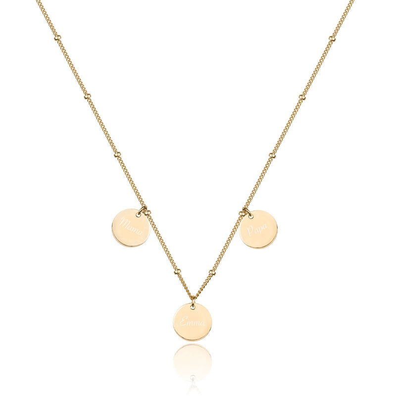 Personalisierte Familien-Kette mit 3 runden Plättchen Anhängern aus Gold Filled und individueller Gravur mit Namen, Buchstaben, Daten oder Symbolen